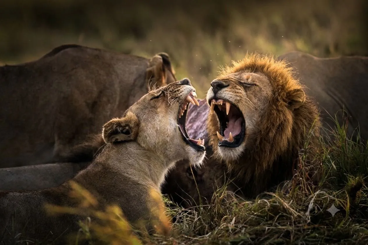 Lion and lioness roaring